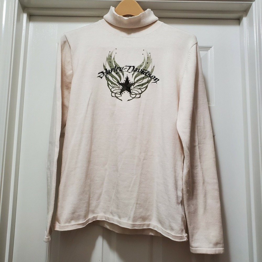 Harley Davidson Cream Pullover Turtle Neck Sweater Cotton Women's L